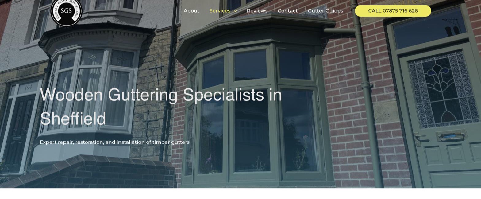 The wooden guttering page on the Sheffield Gutter Services website, headed 'Wooden Guttering Specialists in Sheffield' over a photograph of terraced houses.